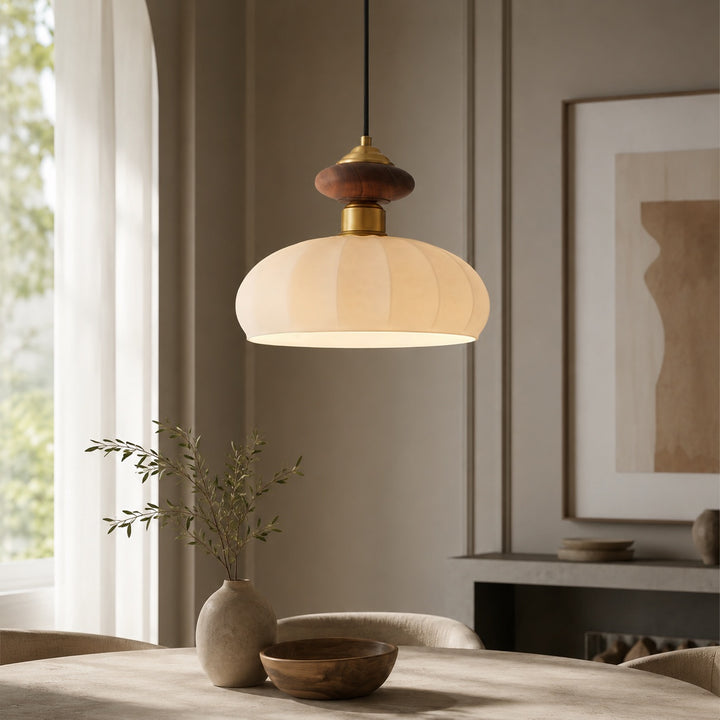 Modern Glass Pendant Light with Adjustable Height Brass and Walnut Finish for Kitchen Island