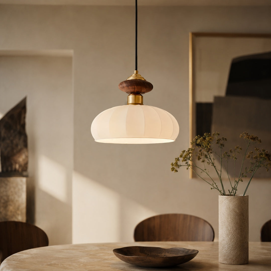 Modern Glass Pendant Light with Adjustable Height Brass and Walnut Finish for Kitchen Island