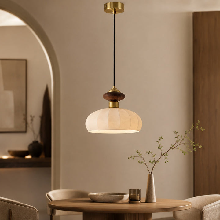 Modern Glass Pendant Light with Adjustable Height Brass and Walnut Finish for Kitchen Island