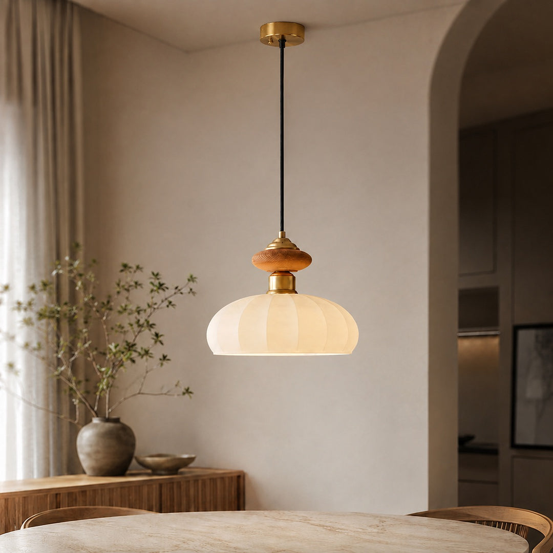 Modern Glass Pendant Light with Adjustable Height Brass and Walnut Finish for Kitchen Island