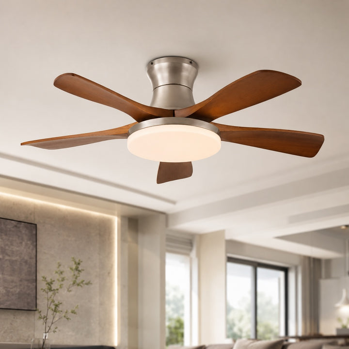 Modern Ceiling Fan with Lights Flush Mount Wooden Blades Integrated LED 6-Speed Control Indoor Use