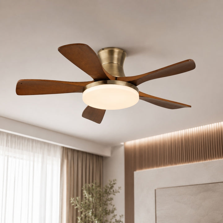 Modern Ceiling Fan with Lights Flush Mount Wooden Blades Integrated LED 6-Speed Control Indoor Use
