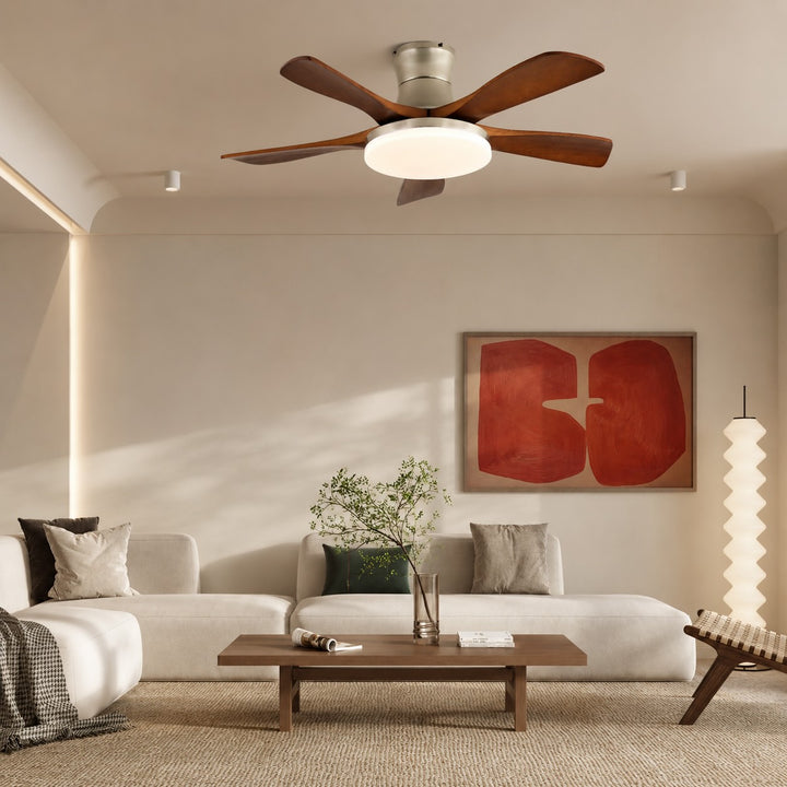 Modern Ceiling Fan with Lights Flush Mount Wooden Blades Integrated LED 6-Speed Control Indoor Use