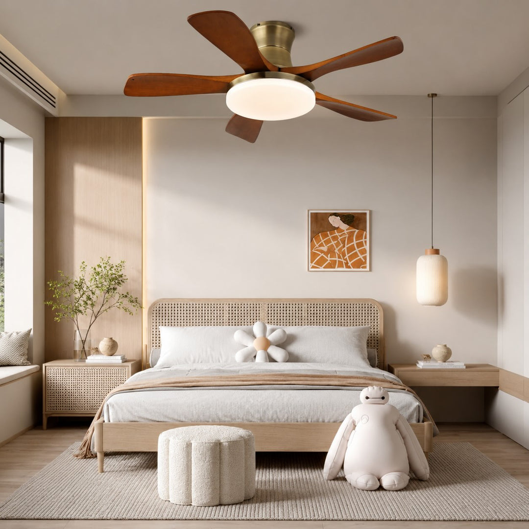 Modern Ceiling Fan with Lights Flush Mount Wooden Blades Integrated LED 6-Speed Control Indoor Use