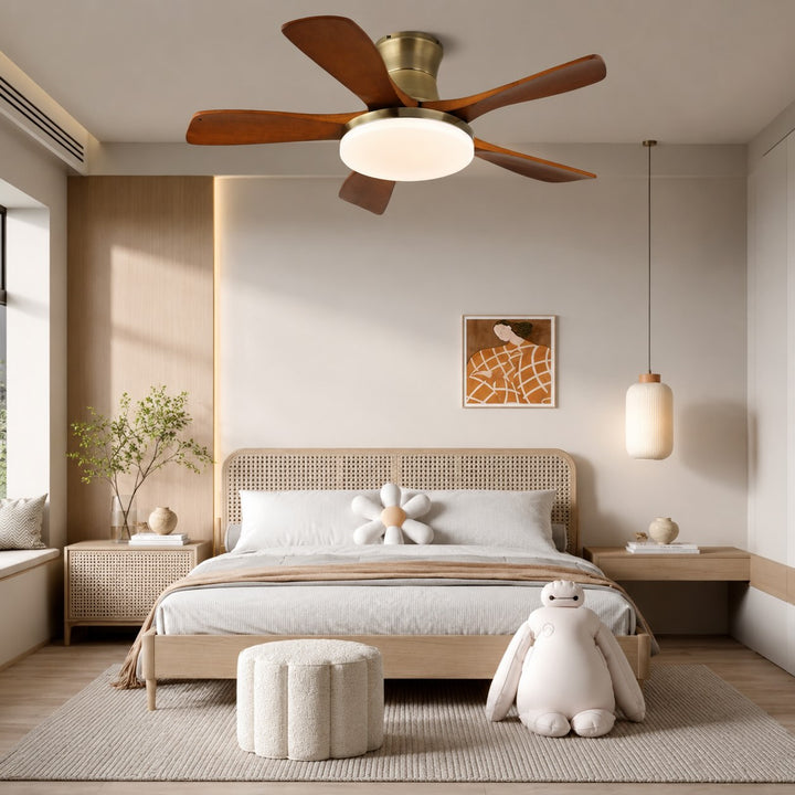 Modern Ceiling Fan with Lights Flush Mount Wooden Blades Integrated LED 6-Speed Control Indoor Use