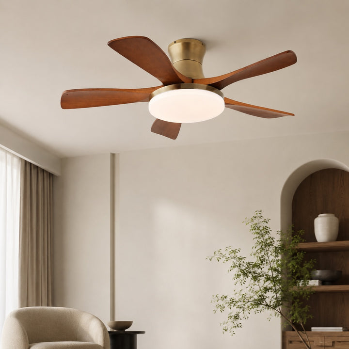 Modern Ceiling Fan with Lights Flush Mount Wooden Blades Integrated LED 6-Speed Control Indoor Use