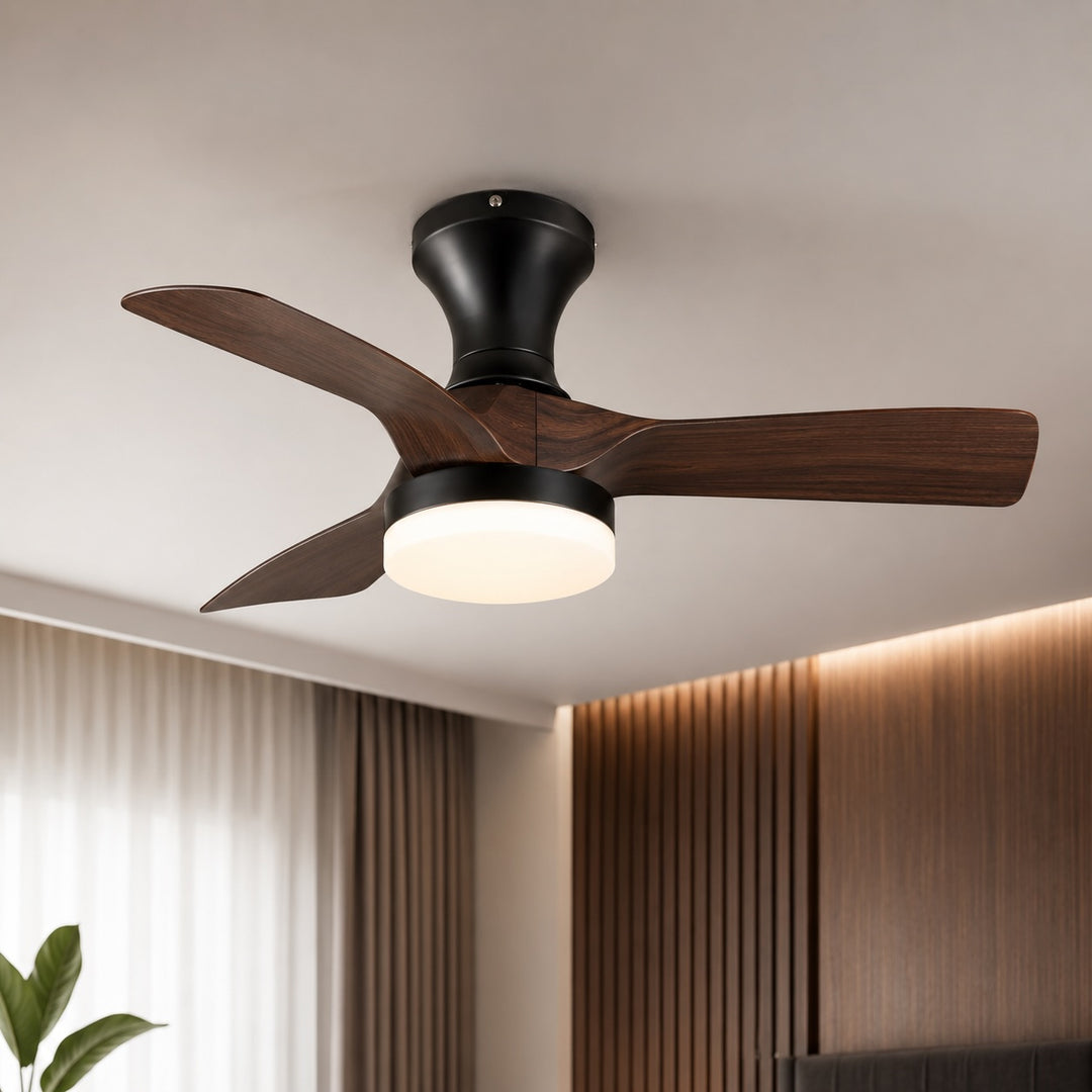 Modern Flush Mount Ceiling Fan with Lights Black Metal Integrated LED and 6-Speed Control