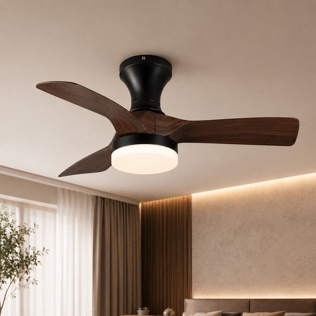 Modern Flush Mount Ceiling Fan with Lights Black Metal Integrated LED and 6-Speed Control