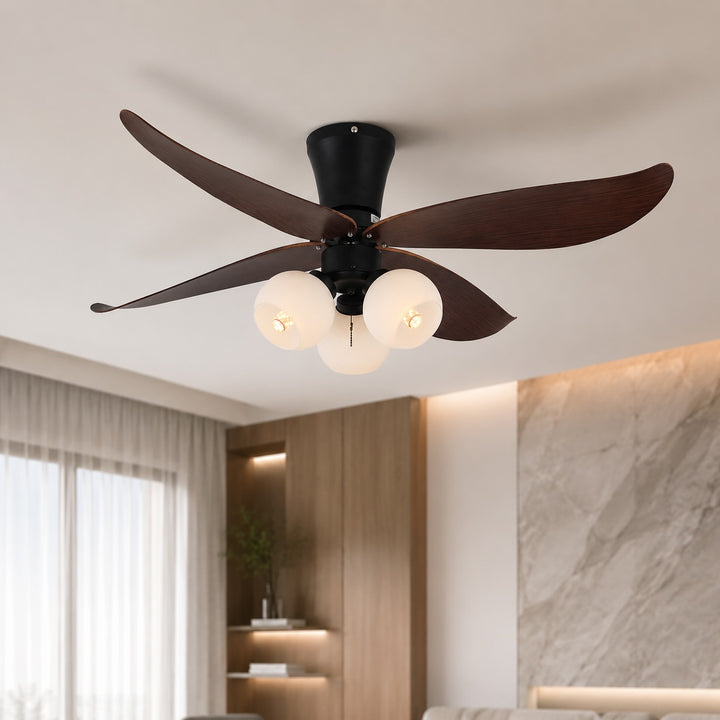 Modern Black Ceiling Fan with Lights Flush Mount Glass Shade Adjustable Speed for Indoor Use