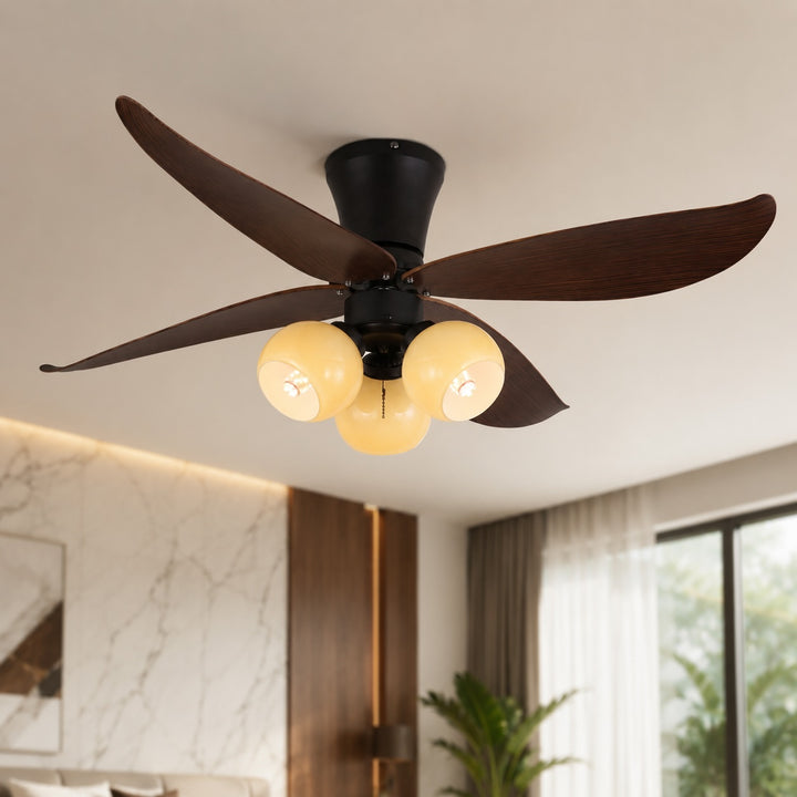 Modern Black Ceiling Fan with Lights Flush Mount Glass Shade Adjustable Speed for Indoor Use