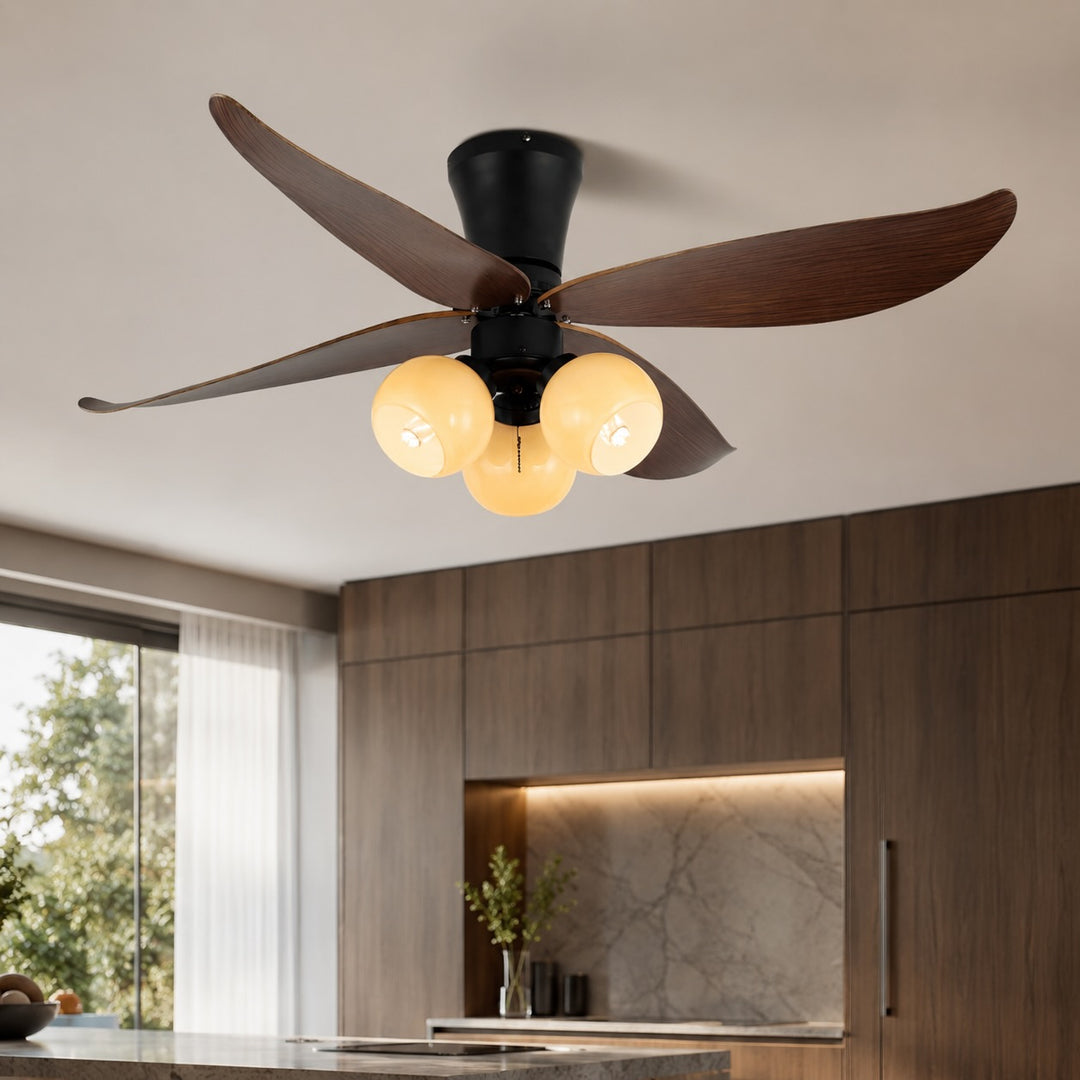 Modern Black Ceiling Fan with Lights Flush Mount Glass Shade Adjustable Speed for Indoor Use