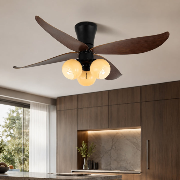 Modern Black Ceiling Fan with Lights Flush Mount Glass Shade Adjustable Speed for Indoor Use
