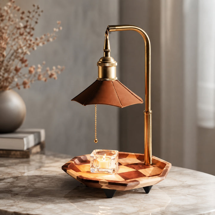Modern Adjustable Candle Warmer Lamp Table Light Wood Brass Ambient LED Lighting