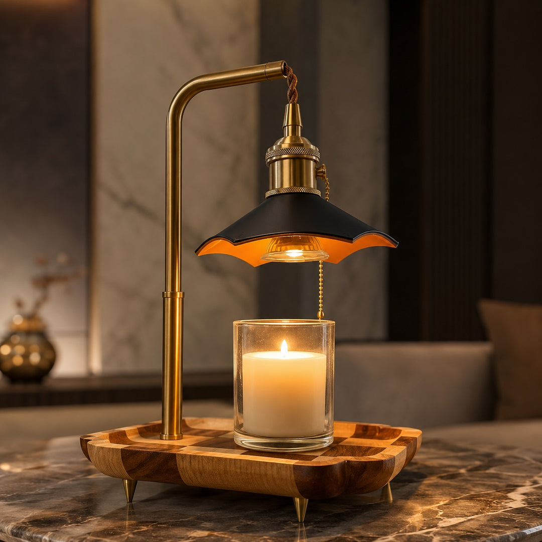 Modern Adjustable Candle Warmer Lamp Table Light Wood Brass Ambient LED Lighting