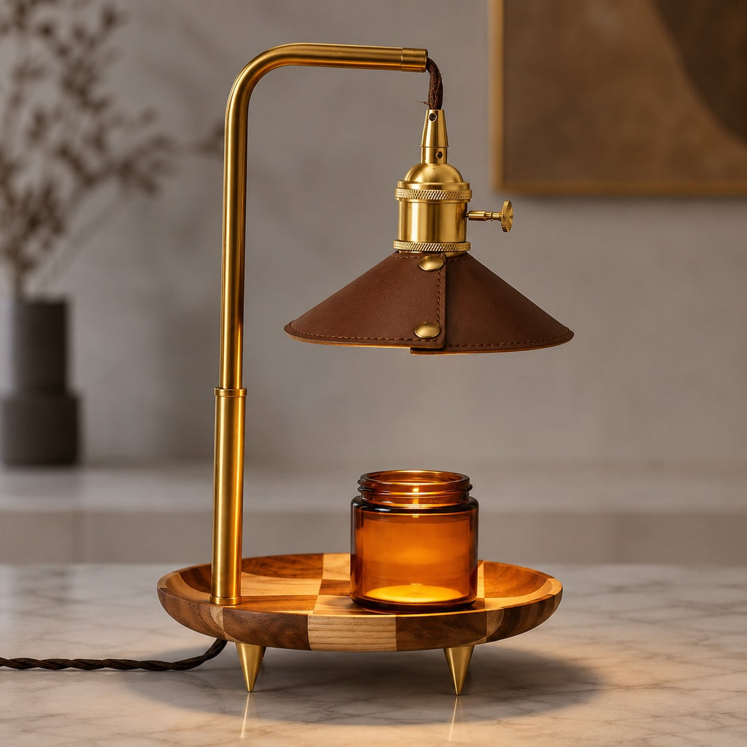 Modern Adjustable Candle Warmer Lamp Table Light Wood Brass Ambient LED Lighting