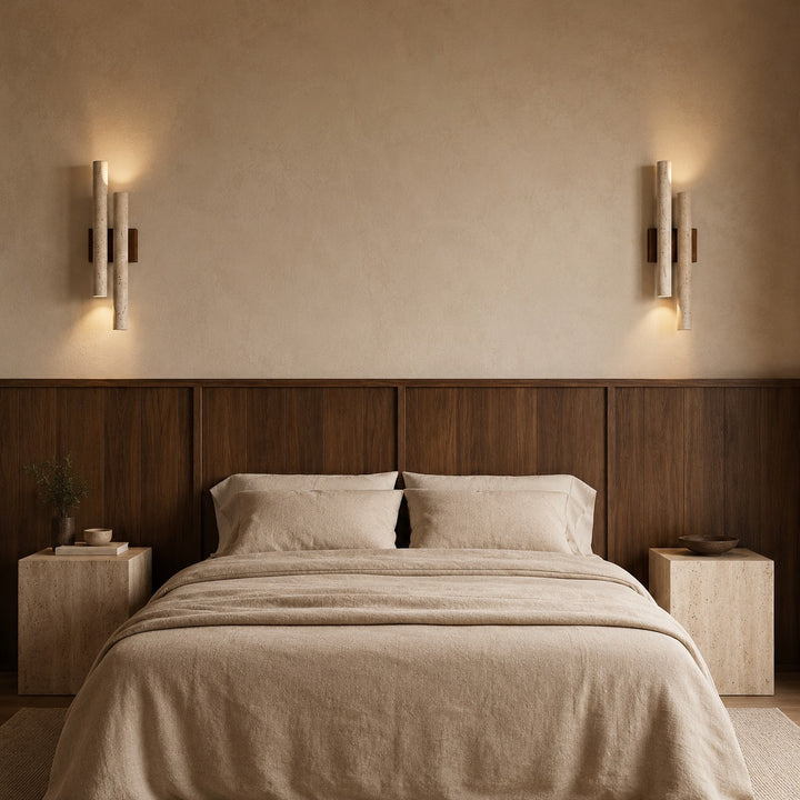 Modern Wall Light Wall Mounted Natural Travertine Shade Walnut Wood Base LED Compatible G9 Bulb