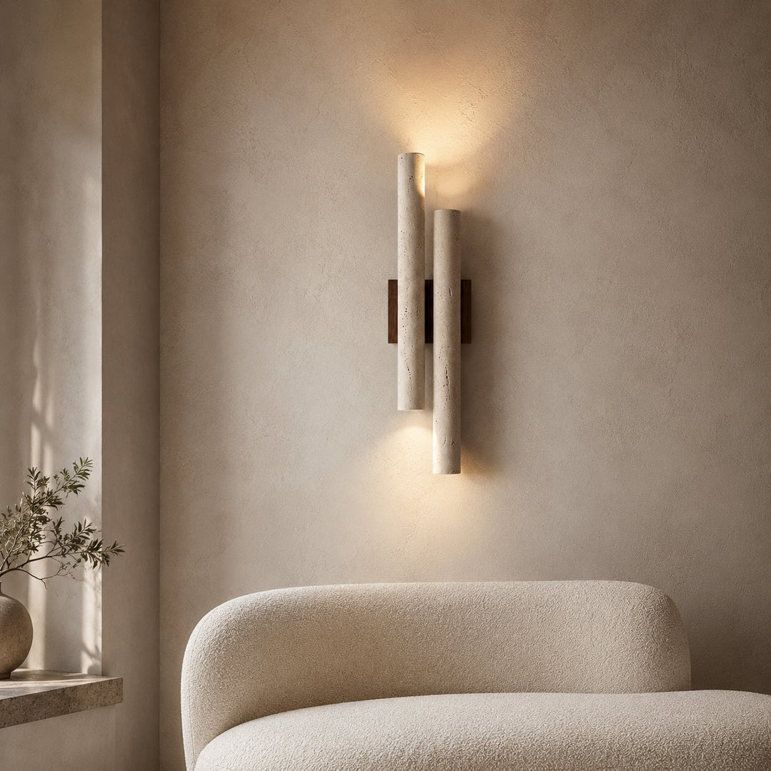Modern Wall Light Wall Mounted Natural Travertine Shade Walnut Wood Base LED Compatible G9 Bulb