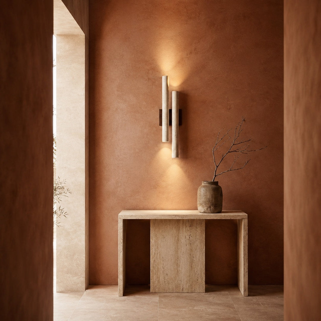 Modern Wall Light Wall Mounted Natural Travertine Shade Walnut Wood Base LED Compatible G9 Bulb