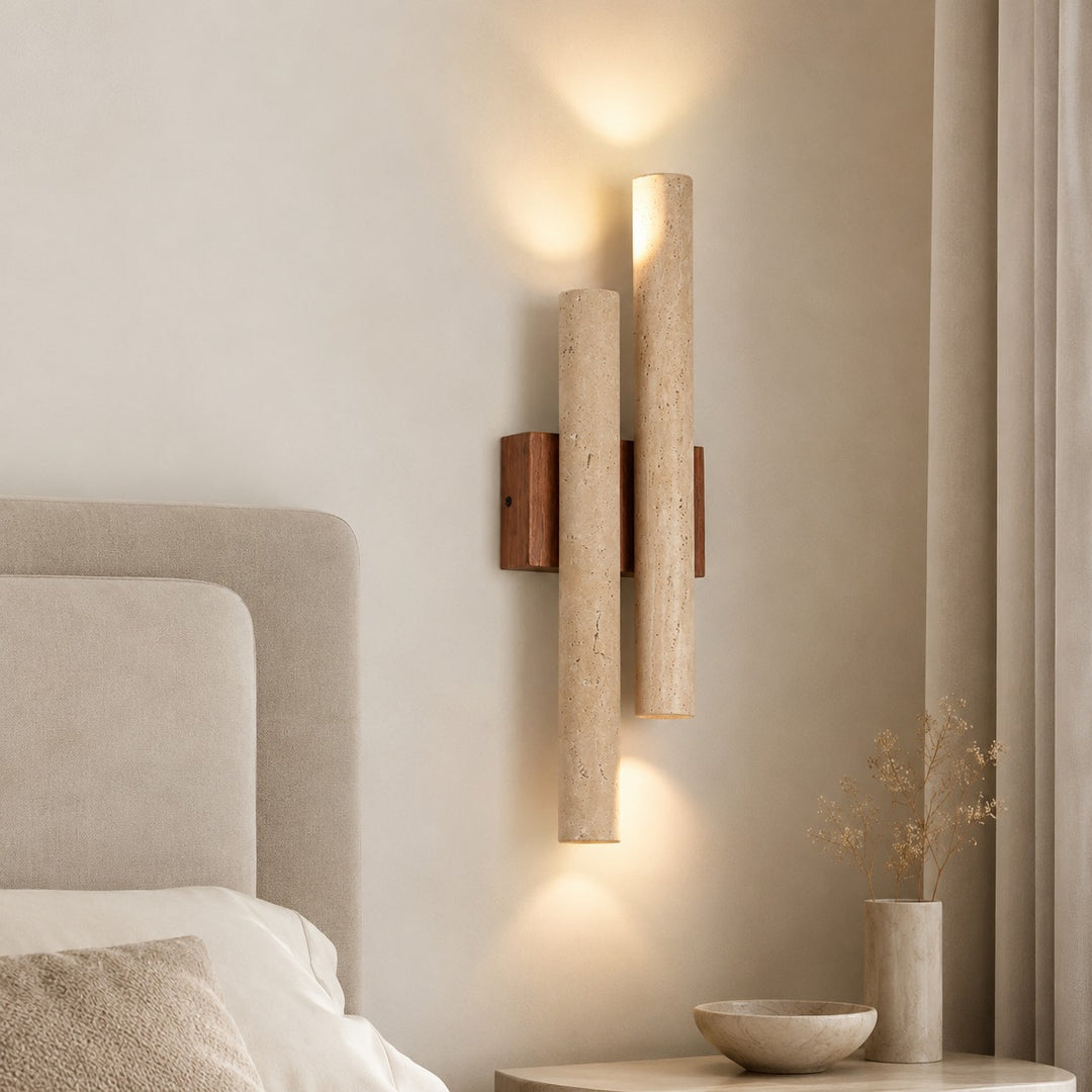 Modern Wall Light Wall Mounted Natural Travertine Shade Walnut Wood Base LED Compatible G9 Bulb