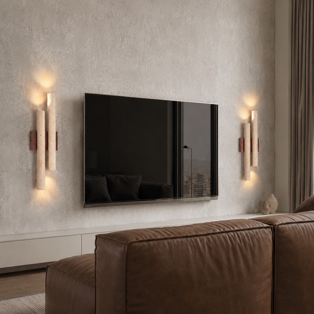 Modern Wall Light Wall Mounted Natural Travertine Shade Walnut Wood Base LED Compatible G9 Bulb