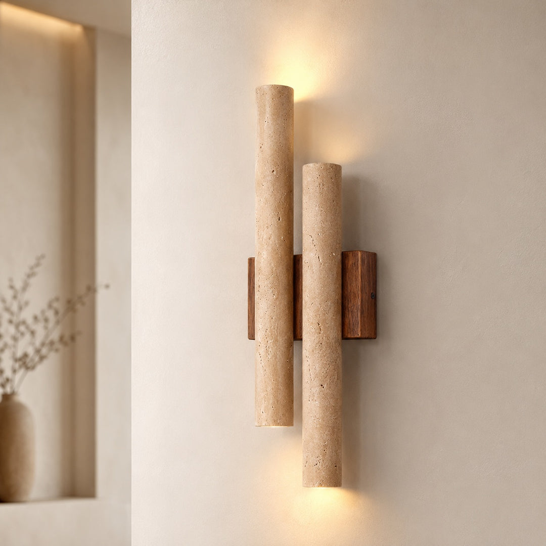 Modern Wall Light Wall Mounted Natural Travertine Shade Walnut Wood Base LED Compatible G9 Bulb