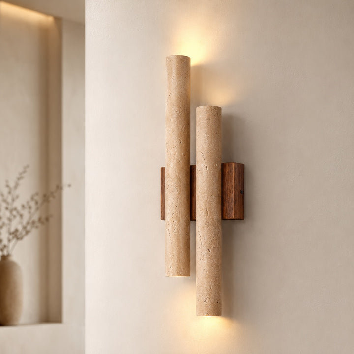 Modern Wall Light Wall Mounted Natural Travertine Shade Walnut Wood Base LED Compatible G9 Bulb