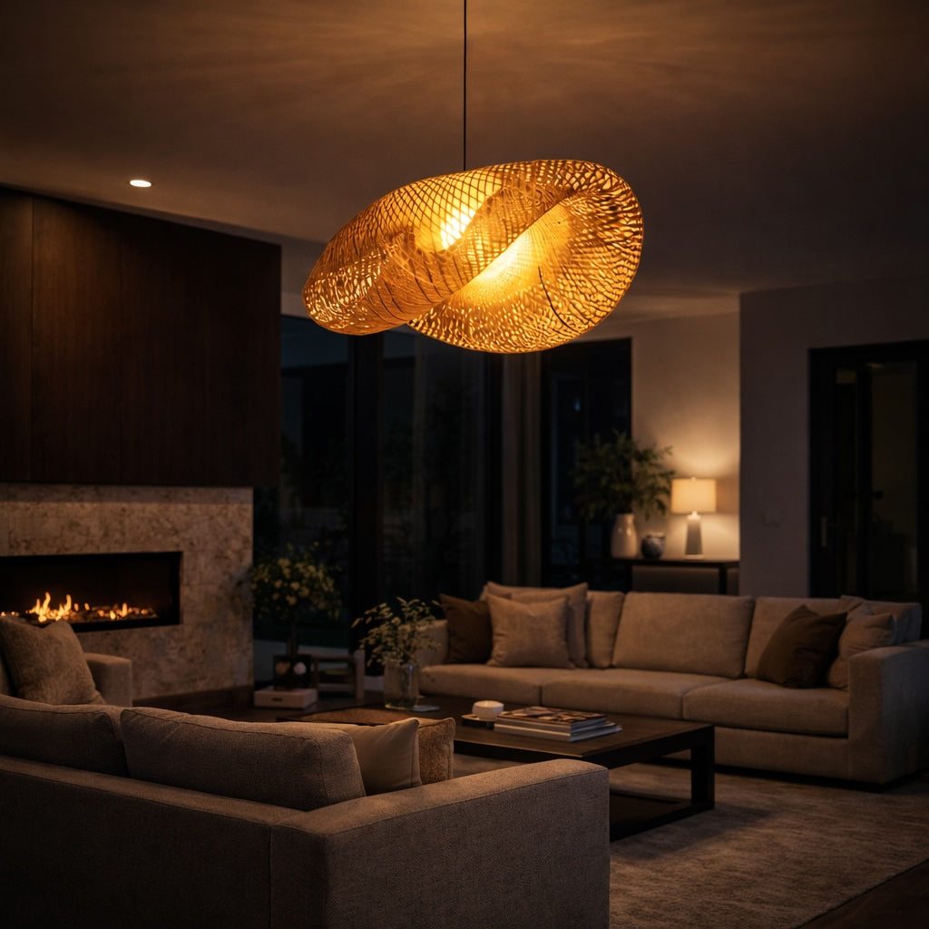 Woven pendant light modern ceiling lighting rattan style hanging light fixture warm ambient home decor
