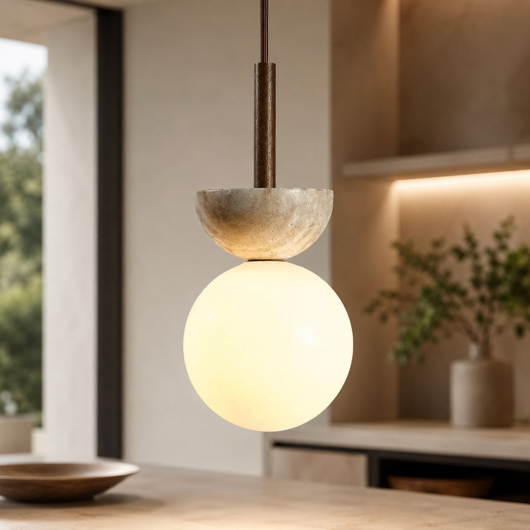 Nordic Pendant Lamp Round Design LED Travertine Stone Compact Ceiling Light