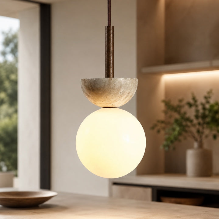 Nordic Pendant Lamp Round Design LED Travertine Stone Compact Ceiling Light