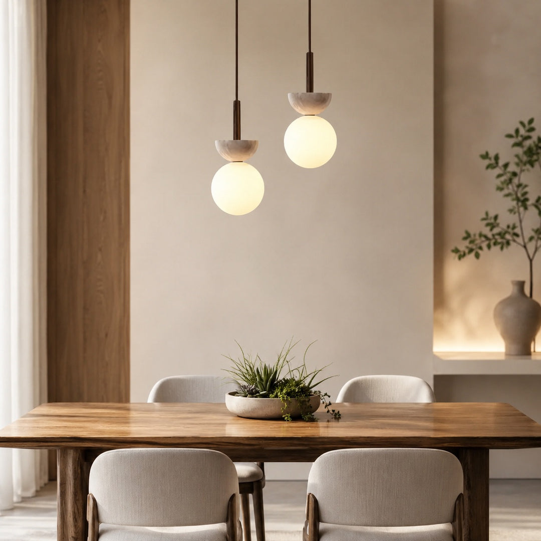 Nordic Pendant Lamp Round Design LED Travertine Stone Compact Ceiling Light