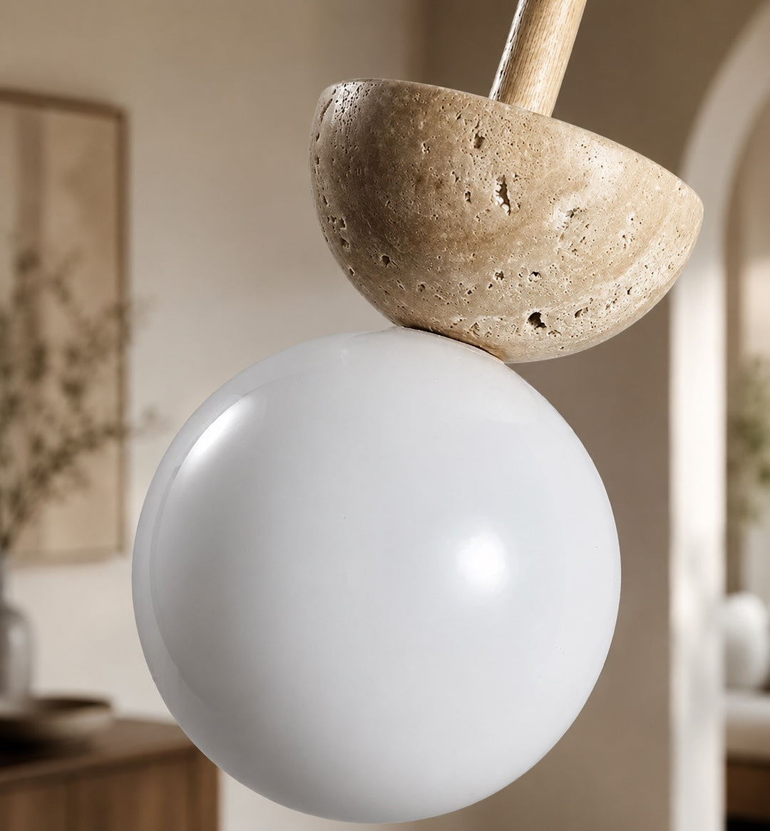 Nordic Pendant Lamp Round Design LED Travertine Stone Compact Ceiling Light