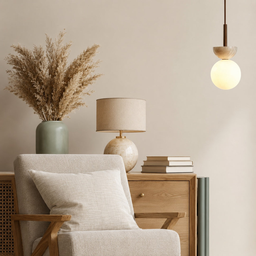 Nordic Pendant Lamp Round Design LED Travertine Stone Compact Ceiling Light