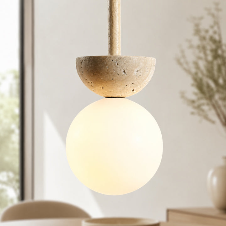 Nordic Pendant Lamp Round Design LED Travertine Stone Compact Ceiling Light