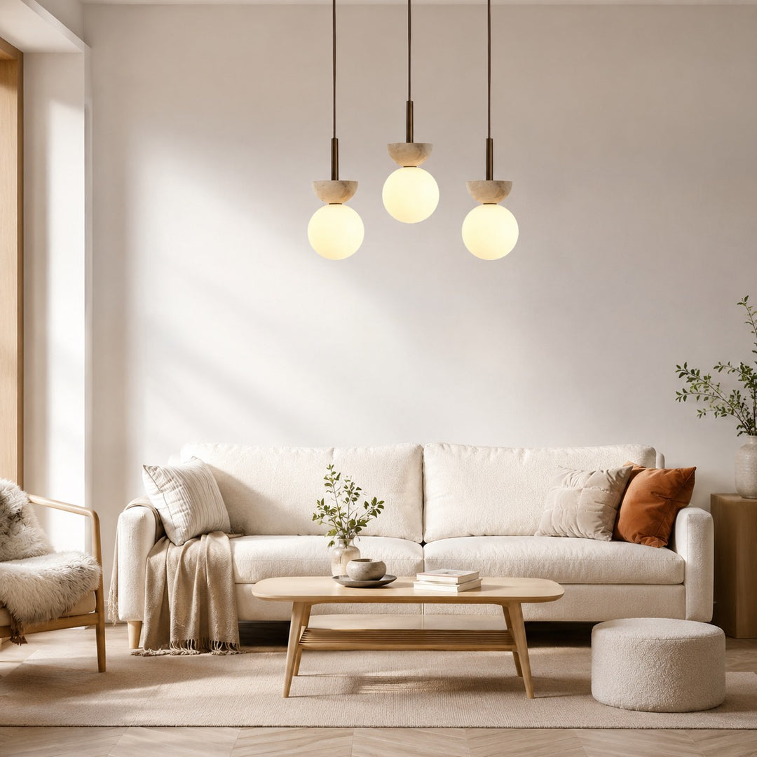 Nordic Pendant Lamp Round Design LED Travertine Stone Compact Ceiling Light