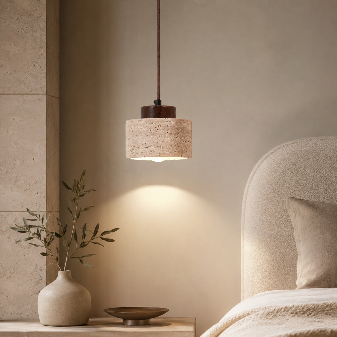 Nordic Minimalist Pendant Lamp Natural Travertine Stone Cord Mounted Elegant Lighting