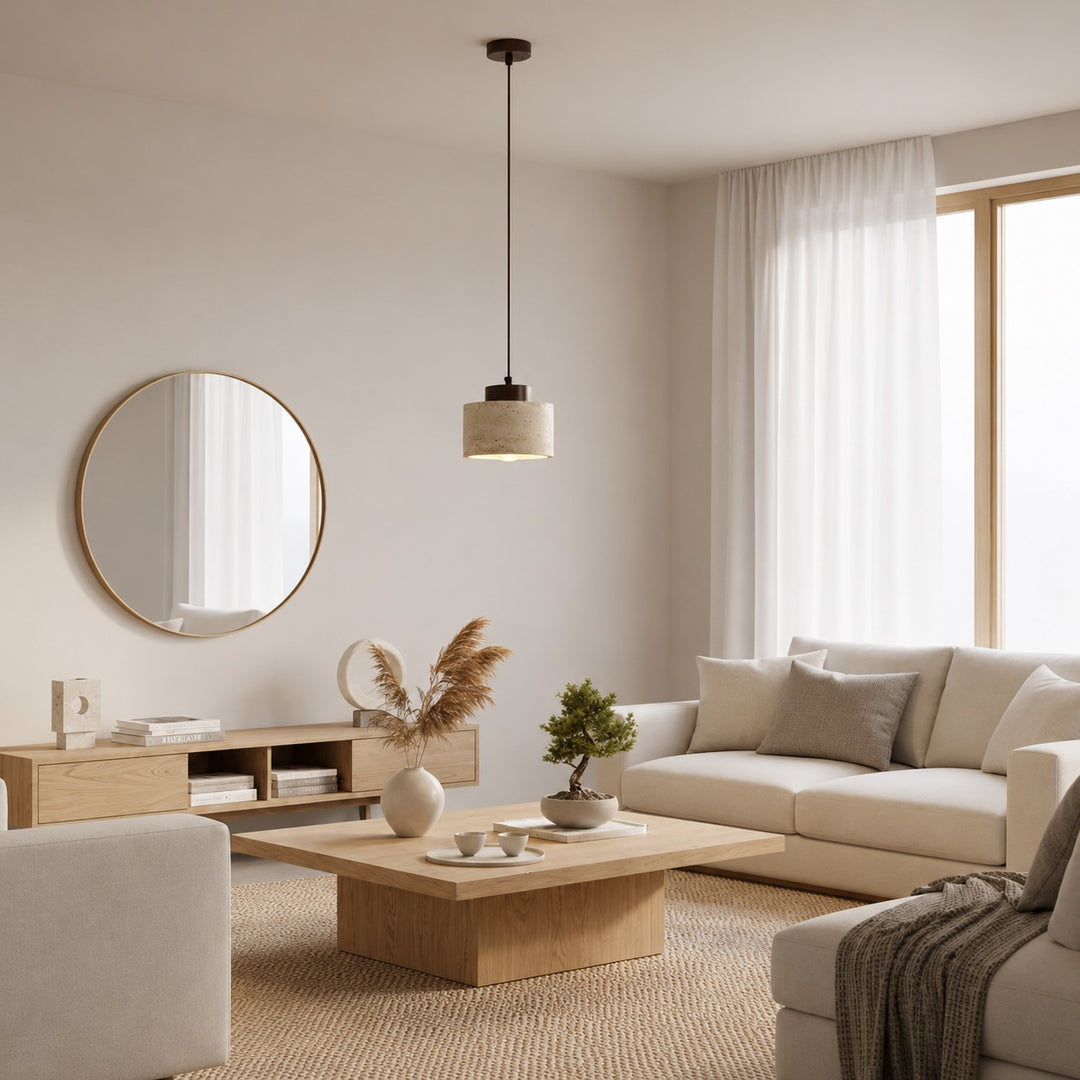 Nordic Minimalist Pendant Lamp Natural Travertine Stone Cord Mounted Elegant Lighting