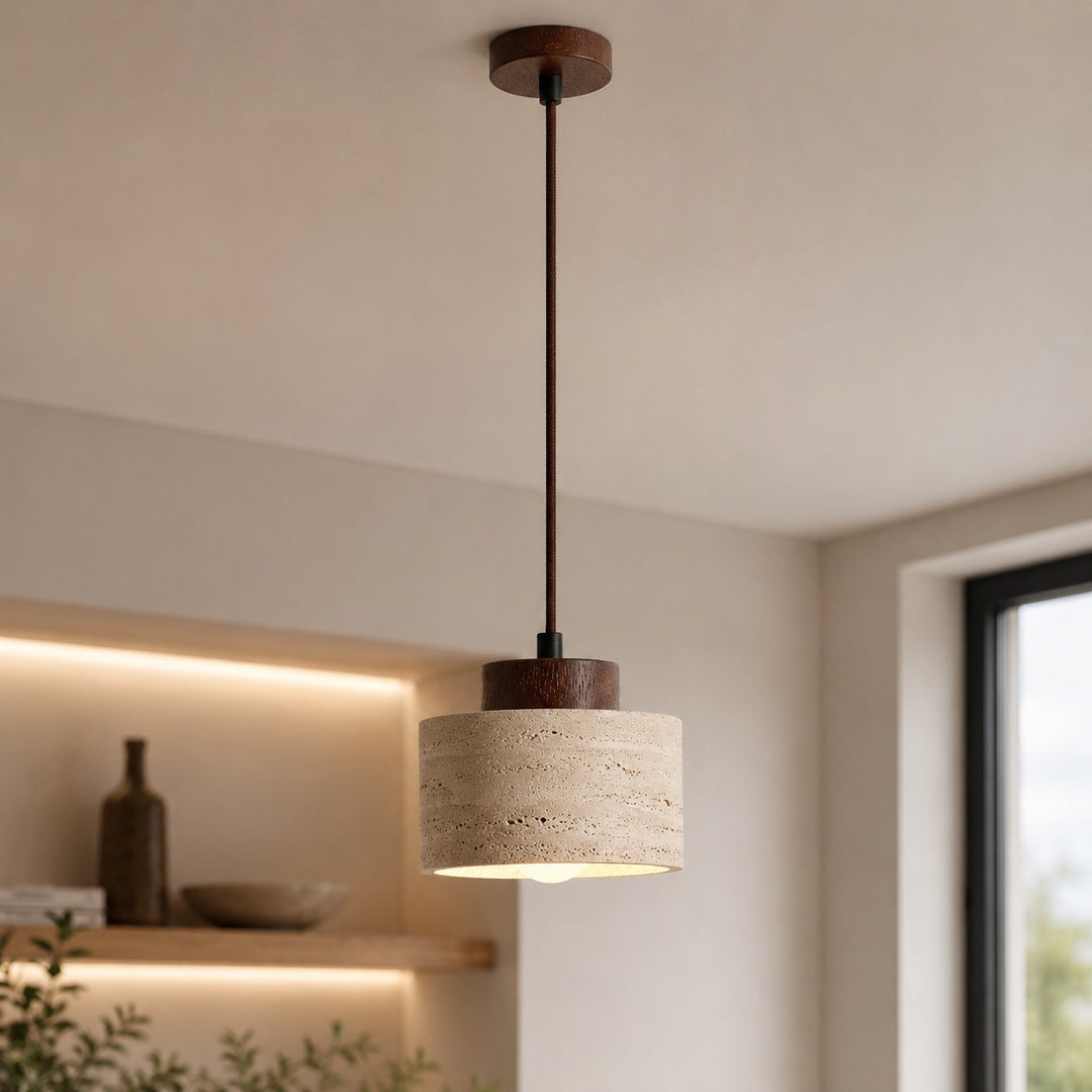 Nordic Minimalist Pendant Lamp Natural Travertine Stone Cord Mounted Elegant Lighting