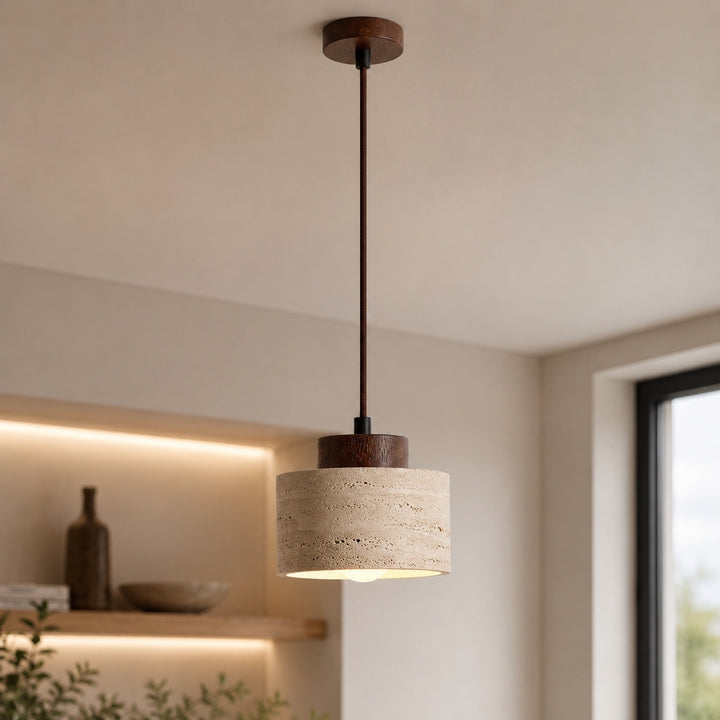 Nordic Minimalist Pendant Lamp Natural Travertine Stone Cord Mounted Elegant Lighting