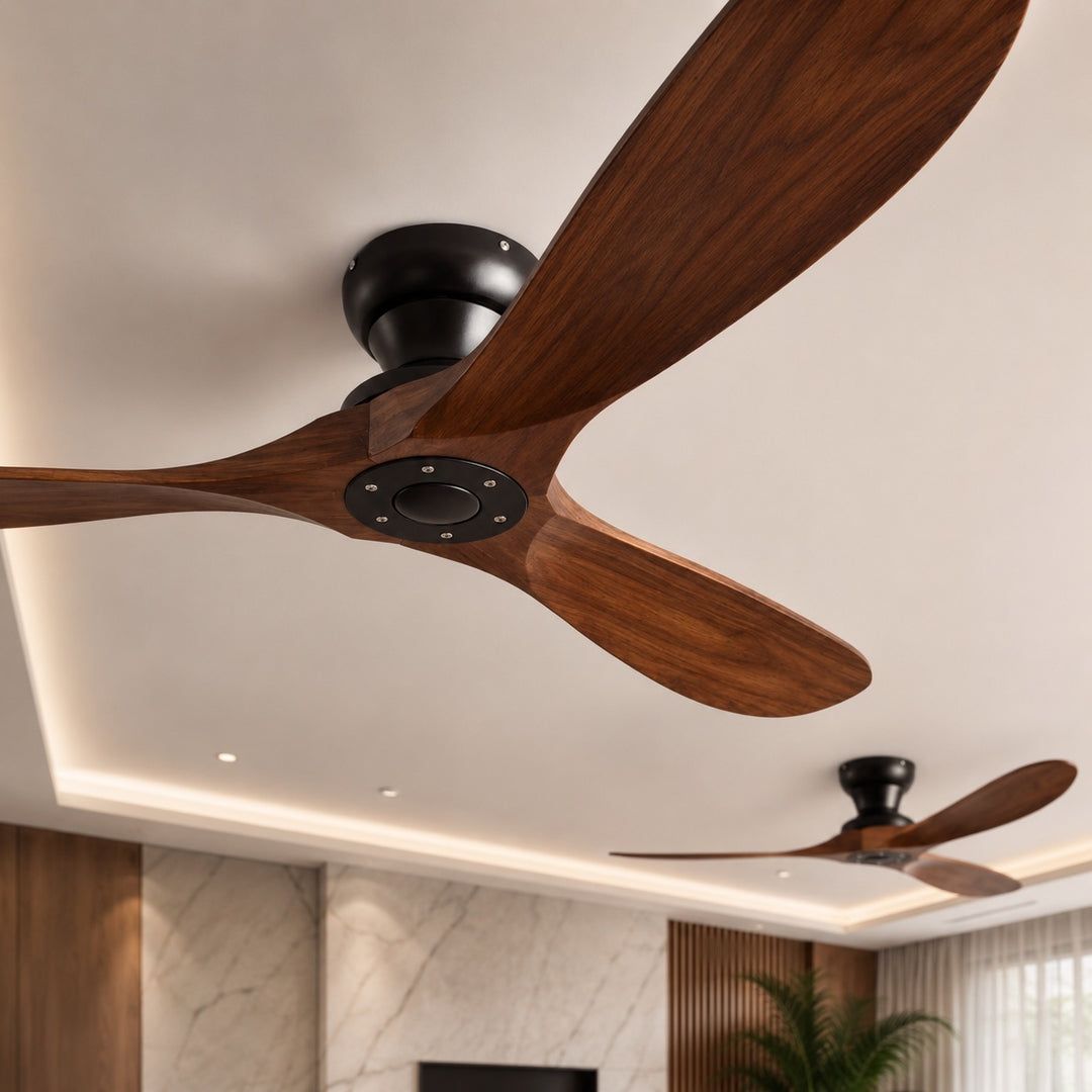 Modern Low Profile Ceiling Fan with Wood Blades, Remote Control & Quiet DC Motor