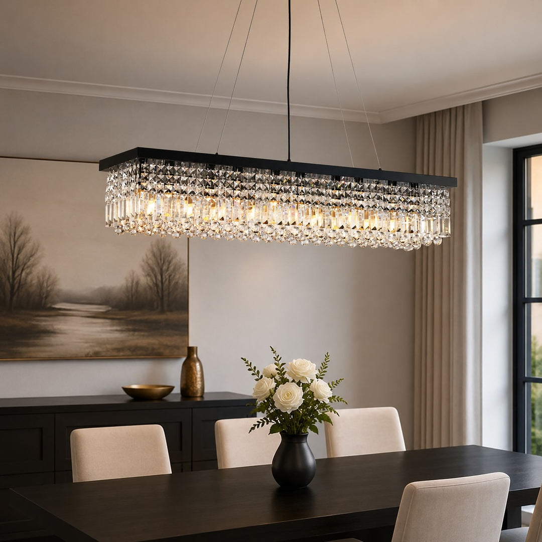 Modern Black Chandelier with Adjustable Height K9 Crystal and Metal Frame for Dining Room