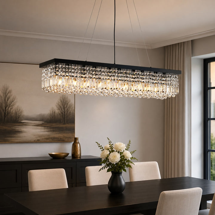 Modern Black Chandelier with Adjustable Height K9 Crystal and Metal Frame for Dining Room