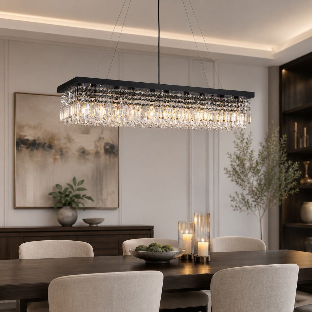 Modern Black Chandelier with Adjustable Height K9 Crystal and Metal Frame for Dining Room