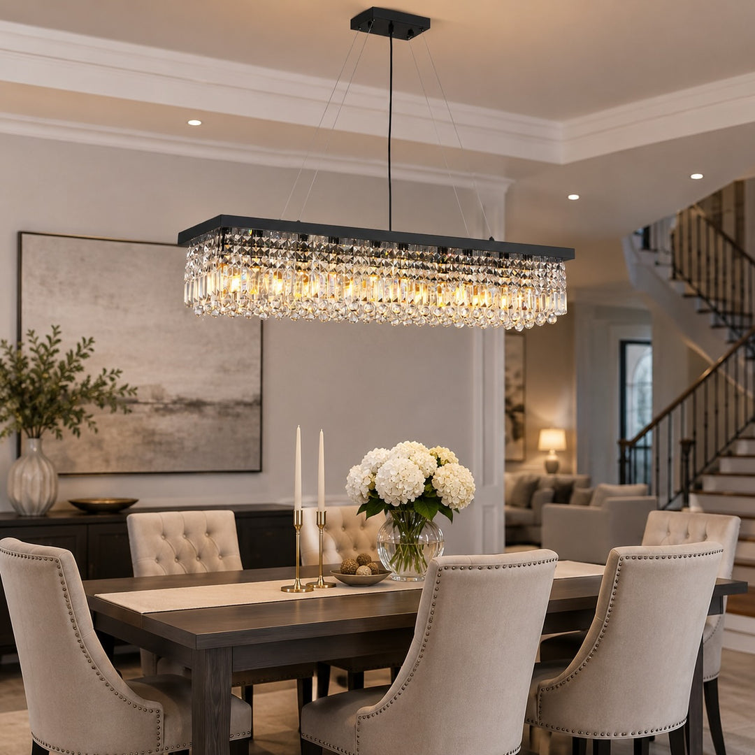 Modern Black Chandelier with Adjustable Height K9 Crystal and Metal Frame for Dining Room
