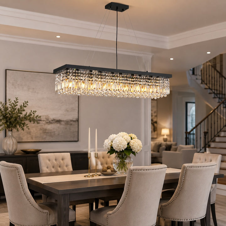 Modern Black Chandelier with Adjustable Height K9 Crystal and Metal Frame for Dining Room