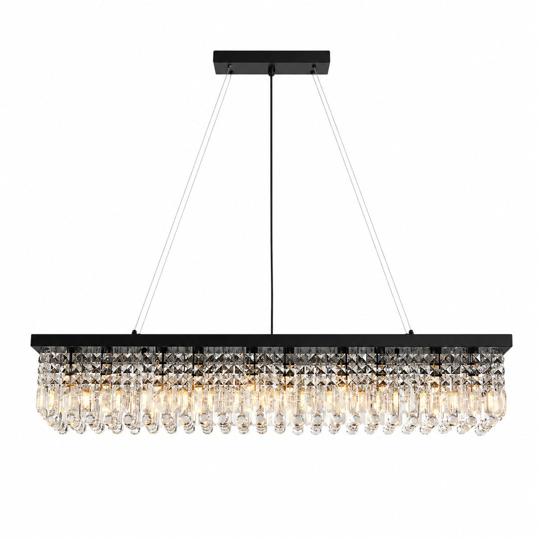 Modern Black Chandelier with Adjustable Height K9 Crystal and Metal Frame for Dining Room
