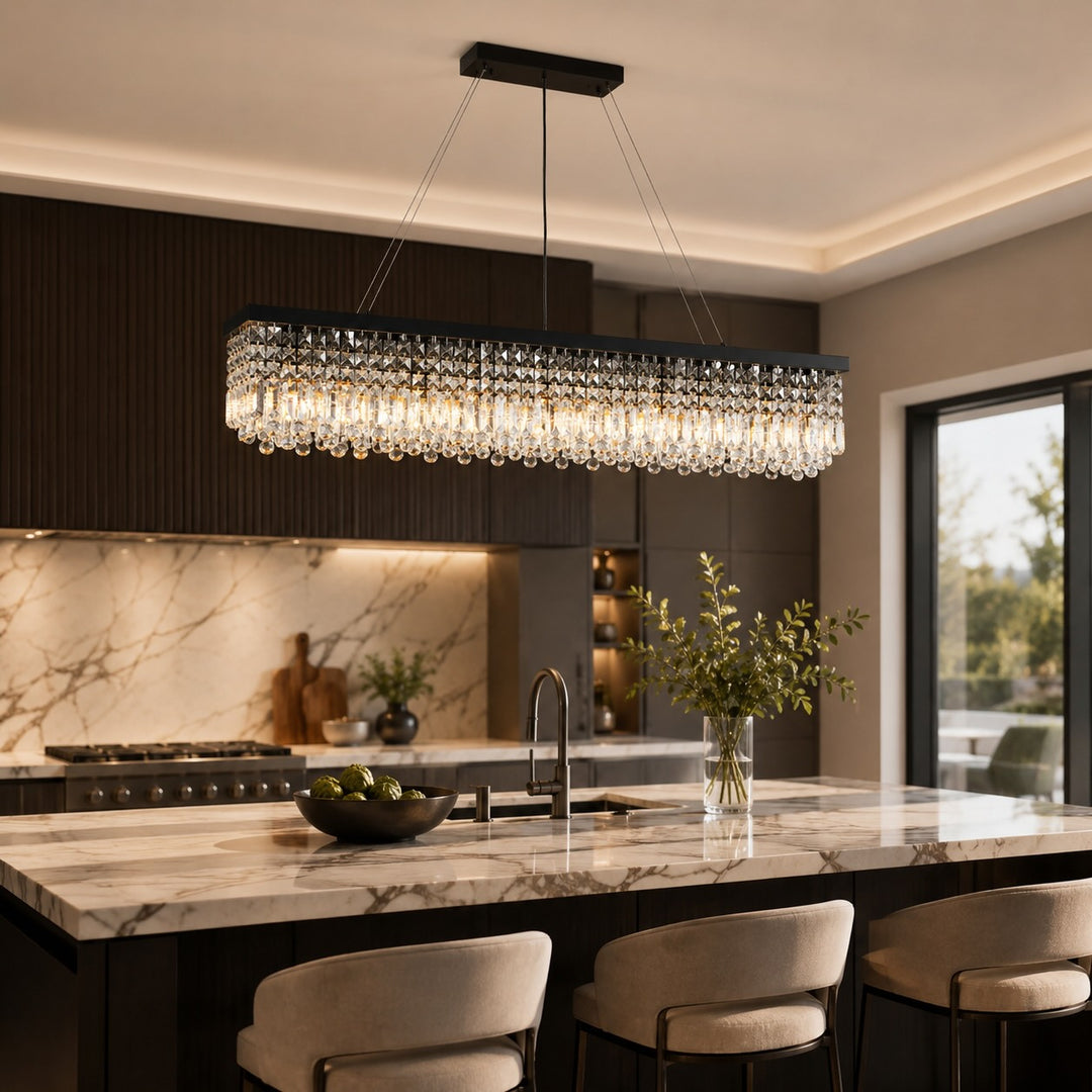 Modern Black Chandelier with Adjustable Height K9 Crystal and Metal Frame for Dining Room
