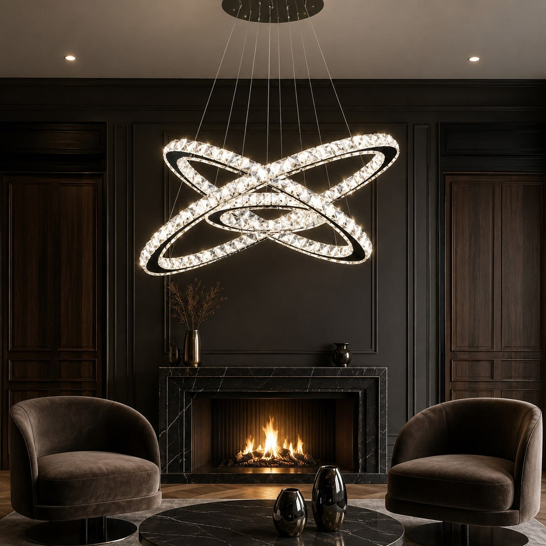 Modern Crystal Chandelier Adjustable Multi-Ring LED Hanging Light Fixture for Dining Room
