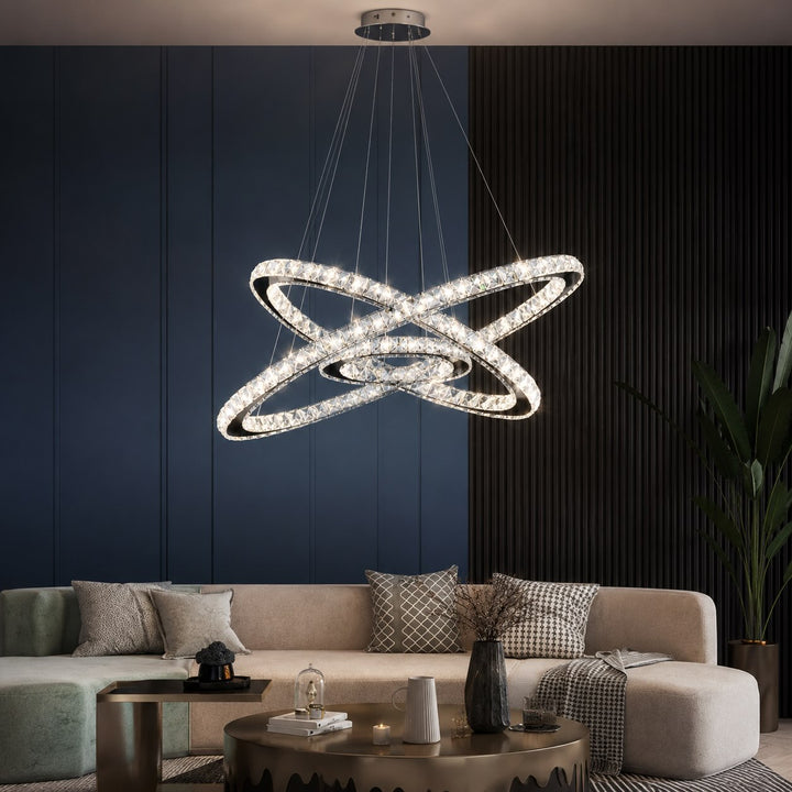 Modern Crystal Chandelier Adjustable Multi-Ring LED Hanging Light Fixture for Dining Room