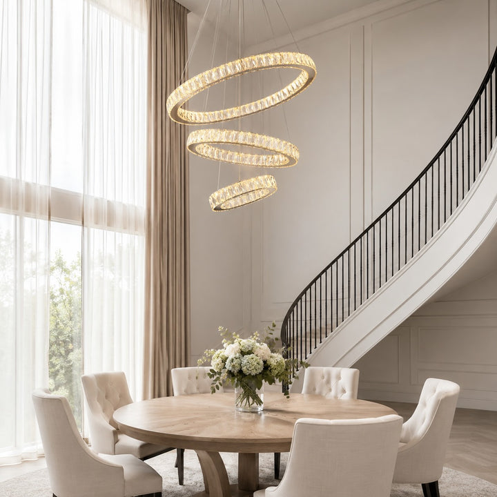 Modern Crystal Chandelier Adjustable Multi-Ring LED Hanging Light Fixture for Dining Room