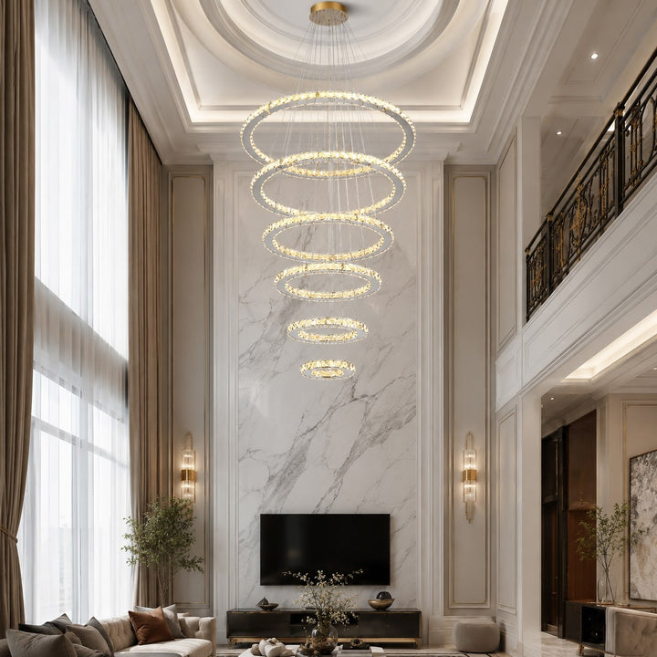 Modern Crystal Chandelier Adjustable Multi-Ring LED Hanging Light Fixture for Dining Room